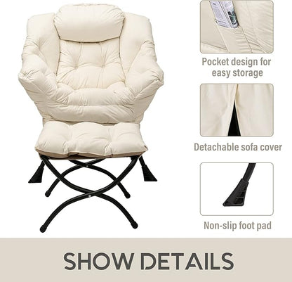 LITA Lazy Chair with Ottoman, Modern Accent Leisure Upholstered Sofa Chair, Contemporary Lounge Reading Chairs with Armrests and a Side Pocket for Living Room, Bedroom & Small Space, Beige