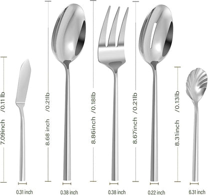 Silverware Serving Set 5-Piece Mirror Polished Stainless Steel Flatware Thick Handle Hexagon Cutlery Serving Utensils Set