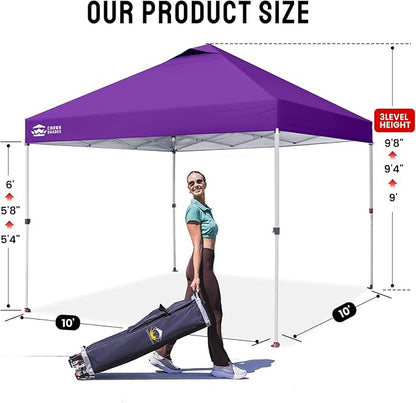 CROWN SHADES 10x10 Pop Up Canopy - Beach Tent with One Push Setup - Easy Outdoor Sun Shade for Events, Parties, Camping - Gazebo with STO-N-Go Cover Bag, Silver Coated Top, Purple