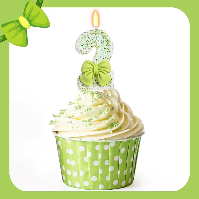 Birthday Candle for Cake, Green Bow Number Cake Candles, 2.76 inch Cake Topper Decoration for Birthday Party (Number 2)