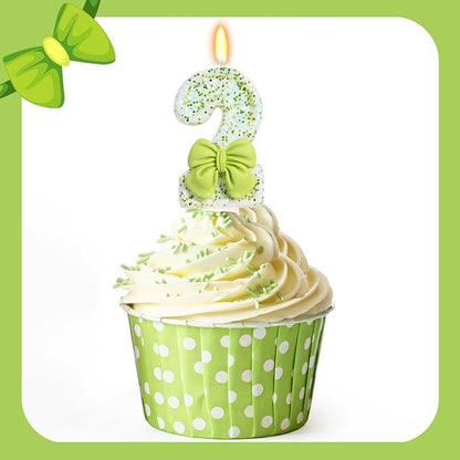 Birthday Candle for Cake, Green Bow Number Cake Candles, 2.76 inch Cake Topper Decoration for Birthday Party (Number 2)