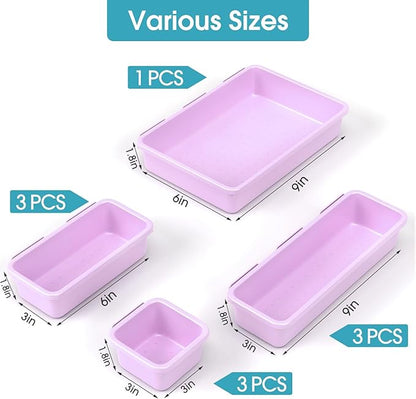 10 PCS Drawer Organizer Set, 4 Size Makeup Drawer Divider Organizer With Non-Slip Pads, Interlocking Plastic Storage Bins for Office,Jewelry Vanity,Gadgets, Bathroom,Kitchen, Purple