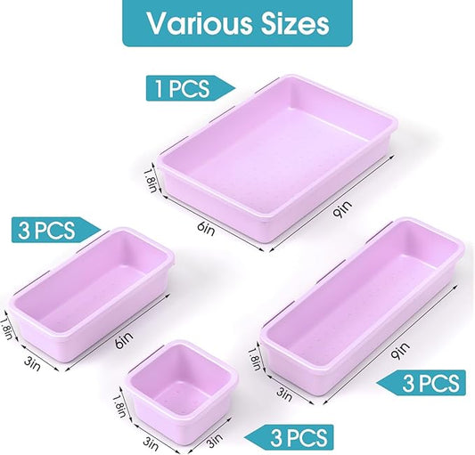 10 PCS Drawer Organizer Set, 4 Size Makeup Drawer Divider Organizer With Non-Slip Pads, Interlocking Plastic Storage Bins for Office,Jewelry Vanity,Gadgets, Bathroom,Kitchen, Purple