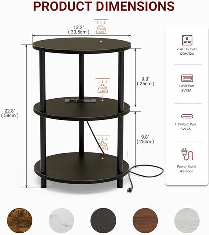 Small Round End Table - 3 Tier Design Accent Table, Narrow Side or Bedside Stand, Industrial Vintage Table for Small Spaces, Built-in USB Ports and Power Outlet, Charcoal Wenge