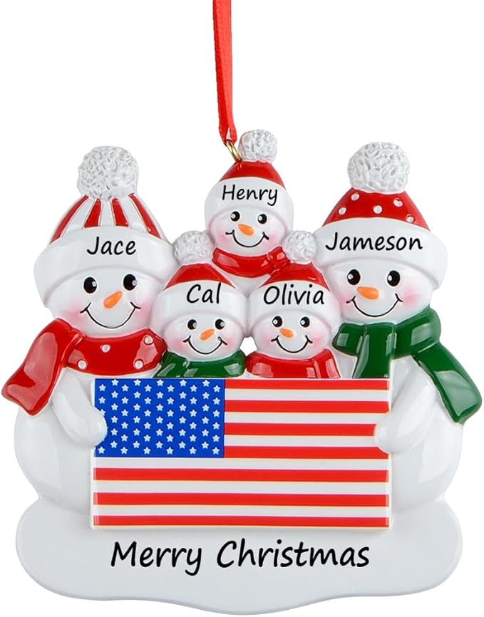 MAXORA Personalized Patriotic Snowman Family of 5 Ornament – Customizable Christmas Decoration with USA Theme, Family Names Customized, for American Homes