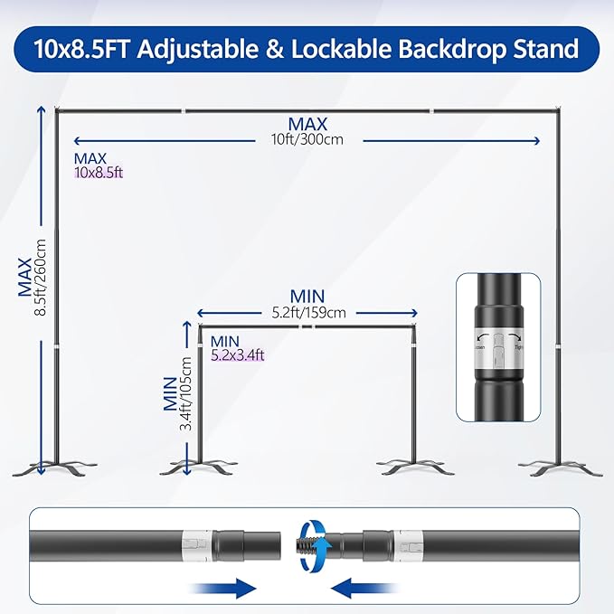 EMART Backdrop Stand 10x8.5FT Photo Studio Adjustable&Lockable Background Stand Support kit with Cross Base for Photography, Parties, Wedding, Outdoors (with 8 Tent Nails, 2 Water Bag, 4 Clamps)