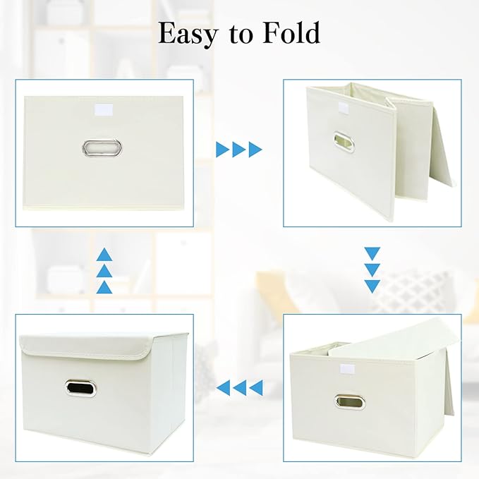 STOREONE Fabric Storage Cube Bins Foldable Organizer Container Collapsible Basket with Lids and Metal Handles, for Home, Bedroom, Closet 6 Pcs (Creamy-White)