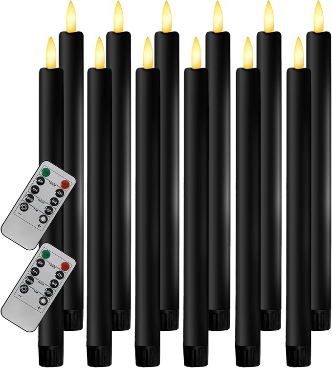 12PCS Flameless Taper Candles with 3D Flickering Flame Battery Operated Candles with 2 Remote with Button Cell Battery 10 Inch Black LED Candlesticks Window Candle for Christmas Home Decor