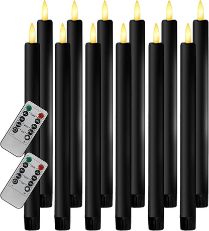 12PCS Flameless Taper Candles with 3D Flickering Flame Battery Operated Candles with 2 Remote with Button Cell Battery 10 Inch Black LED Candlesticks Window Candle for Christmas Home Decor