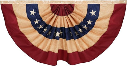 SYII Vintage Bunting Flag 3x6 Feet Outdoor, Embroidery Stars Vintage American Bunting Flags with 3 Brass Grommets, Patriotic Half Fan Banner for Fourth of July Decor, 4th of july Decorations Outdoor