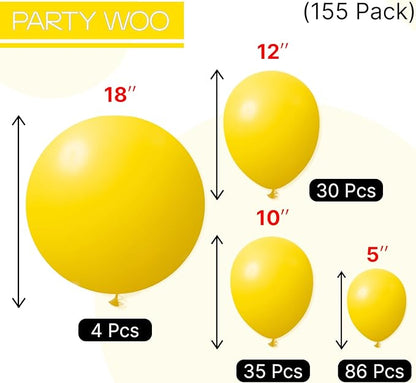 PartyWoo Yellow Balloons 155pcs Different Sizes of 18 12 10 5 Inch Matte Yellow Latex Balloon Arch Kit Garland for Easter Bee Baby Shower Sunflower Birthday Graduation Party Decorations Yellow-Y55