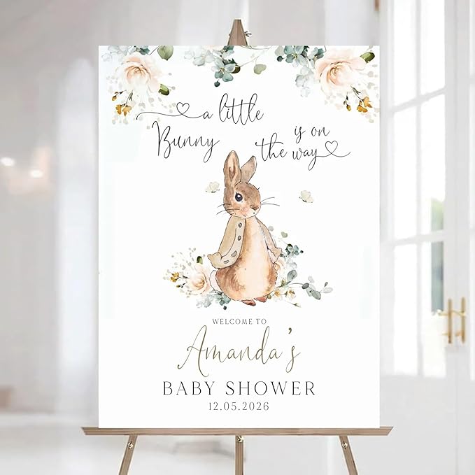 Personalized Bunny Rabbit Baby Shower Welcome Sign for Girl, Pink Peter Rabbit Theme, Greenery Bunny baby shower sign, Gift for Boys & Girls, Gender Reveal Decor, Birthday Party Favors (Style 5)