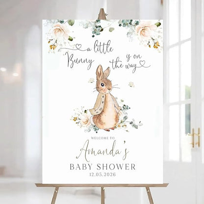 Personalized Bunny Rabbit Baby Shower Welcome Sign for Girl, Pink Peter Rabbit Theme, Greenery Bunny baby shower sign, Gift for Boys & Girls, Gender Reveal Decor, Birthday Party Favors (Style 5)
