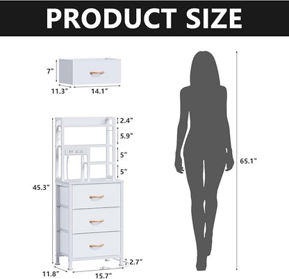 Furnulem Tall Nightstand with LED Lights and 3 Tier Shelves, Night Stand with 3 Fabric Drawers, 45.3inch Tall Bedside Tables with USB Ports and Outlets in Bedroom, Dorm, Office (White)