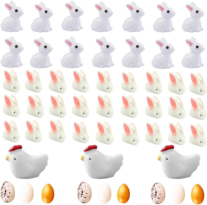 80Pcs Rabbits,Chickens and Eggs Miniature Figurines, Mini Resin Easter Bunny Rabbits Chickens and Easter Eggs for Garden Decor Miniature Ornaments for Dollhouse DIY Cake Home Decor