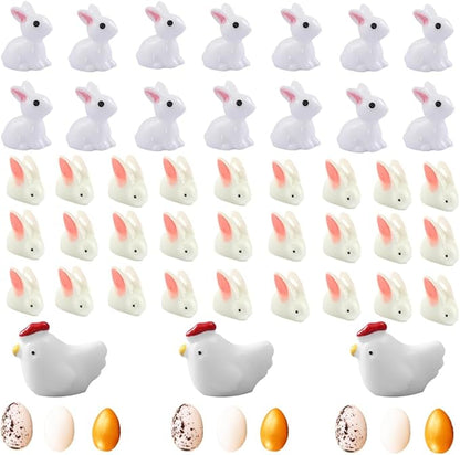 80Pcs Rabbits,Chickens and Eggs Miniature Figurines, Mini Resin Easter Bunny Rabbits Chickens and Easter Eggs for Garden Decor Miniature Ornaments for Dollhouse DIY Cake Home Decor