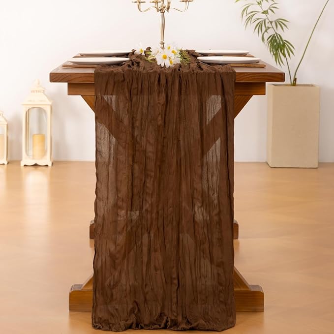 Socomi 3pcs Brown Coffee Fall Thanksgiving Cheesecloth Table Runner Boho Rustic Gauze 120 inch 10FT Cheese Cloth Runner for Wedding Party Baby Shower Birthday Home Decor Holiday Decorations