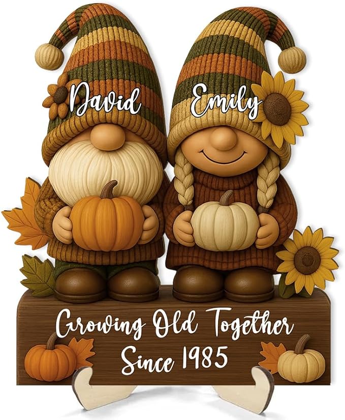 Autumn Growing Old Together Gnomes Wooden Sign, Gifts for Him Her Wife Husband, Custom Wood Plaque Anniversary Couples Gift, Valentine Christmas Gift For Parents, Grandparents Decorations Sign 33