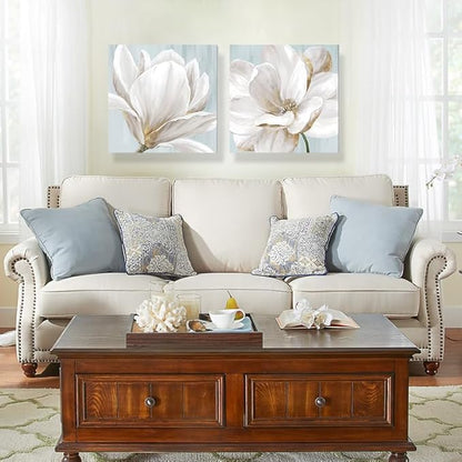 SEVEN WALL ARTS White Magnolia Wall Art Flower Artwork Floral Canvas Paintings Vintage Nature Botanical Painting Farmhouse Artwork Wall Decor for Bedroom Living Room Bathroom Office 24"x 24" x2pcs