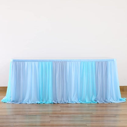 Tulle Table Skirt Blue Tutu Striped Table Skirts for Rectangle Tables 6ft Baby Shower Under the Sea Baby Shark Birthday Parties Decoration