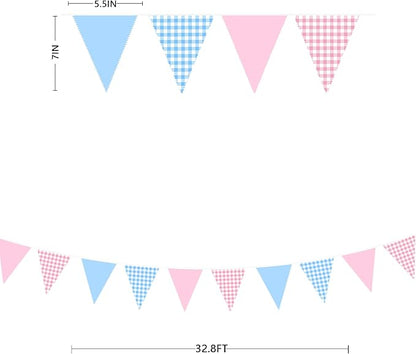32Ft Pink Blue Gingham Party Decorations Blue Pink Gingham Fabric Triangle Banner Flag Plaid Pennant Garland Streamer for Gender Reveal Birthday Boy or Girl Baby Shower He or She Party Decor Supplies
