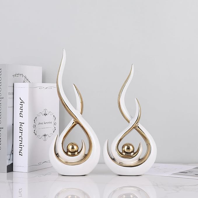 2PCS Abstract Art Ceramic Sculptures, Modern Decor Figurines for Living Room Decorative Objects, Sculptures Home Decor Set for Table, TV Stand, Entryway, Bookshelf Display (White Gold)