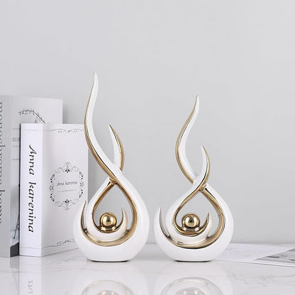 2PCS Abstract Art Ceramic Sculptures, Modern Decor Figurines for Living Room Decorative Objects, Sculptures Home Decor Set for Table, TV Stand, Entryway, Bookshelf Display (White Gold)