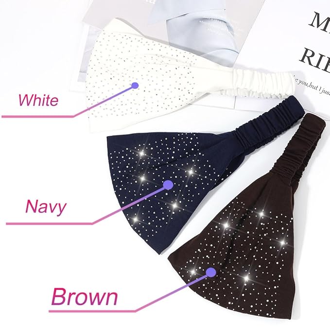 CAKURE Wide Rhinestone Headbands Sparkly African Head Wraps Bling Head Scarf Motorcycle Hair accessories Women (Pack of 3)