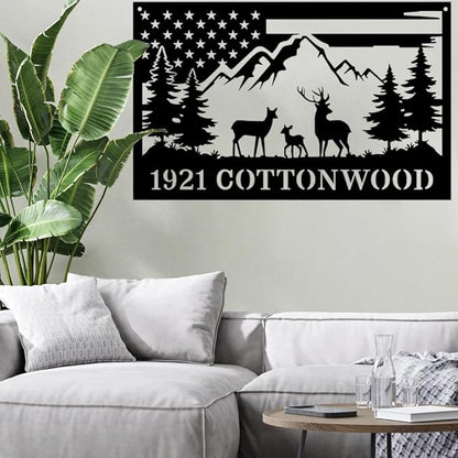 Personalized Deer Metal Address Sign with American Flag and Mountain Scene, Custom Family Name Plaque for Hunting Cabin, Lodge, House, Outdoor Rustic Decor, Housewarming Gift for Hunters & Men
