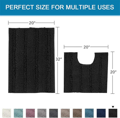 H.VERSAILTEX Bathroom Rugs Bath Rug Set 2 Piece Bathroom Contour Rug Toilet Mat Sets Non Slip Contour Bath Rug Set Ultra Thick Water Absorbent Striped Washable(20" x 32" Plus 20" x 20" U, Black)