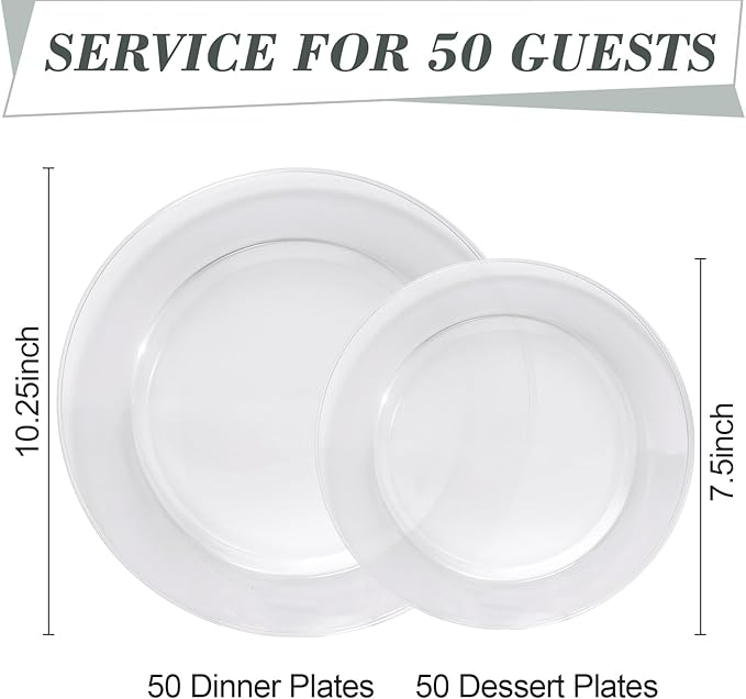 100PCS Clear Plastic Plates, Clear Disposable Plates for 50 Guests, 50 Dinner Plates 10.25 inch & 50 Dessert Plates 7.5 inch for Party, Graduation, Wedding