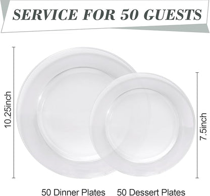 100PCS Clear Plastic Plates, Clear Disposable Plates for 50 Guests, 50 Dinner Plates 10.25 inch & 50 Dessert Plates 7.5 inch for Party, Graduation, Wedding