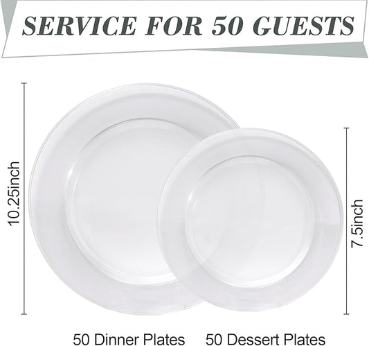 100PCS Clear Plastic Plates, Clear Disposable Plates for 50 Guests, 50 Dinner Plates 10.25 inch & 50 Dessert Plates 7.5 inch for Party, Graduation, Wedding