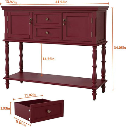 ARTPOWER Console Table with 2 Drawers, Retro Entryway Table with 2 Door Cabinets and Open Storage Shelf, Narrow Long Behind Couch Sofa Table for Living Room, Foyer, Hallway, Red