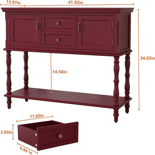 ARTPOWER Console Table with 2 Drawers, Retro Entryway Table with 2 Door Cabinets and Open Storage Shelf, Narrow Long Behind Couch Sofa Table for Living Room, Foyer, Hallway, Red
