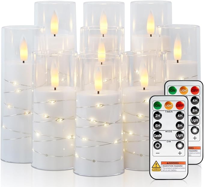 Raycare Flameless Candle with Remote Timer – 9 Flickering Acrylic Battery Operated LED Pillar Candles with Embedded Star String for Christmas, Home Decor, and as a Gift (White)