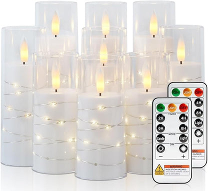 Raycare Flameless Candle with Remote Timer – 9 Flickering Acrylic Battery Operated LED Pillar Candles with Embedded Star String for Christmas, Home Decor, and as a Gift (White)