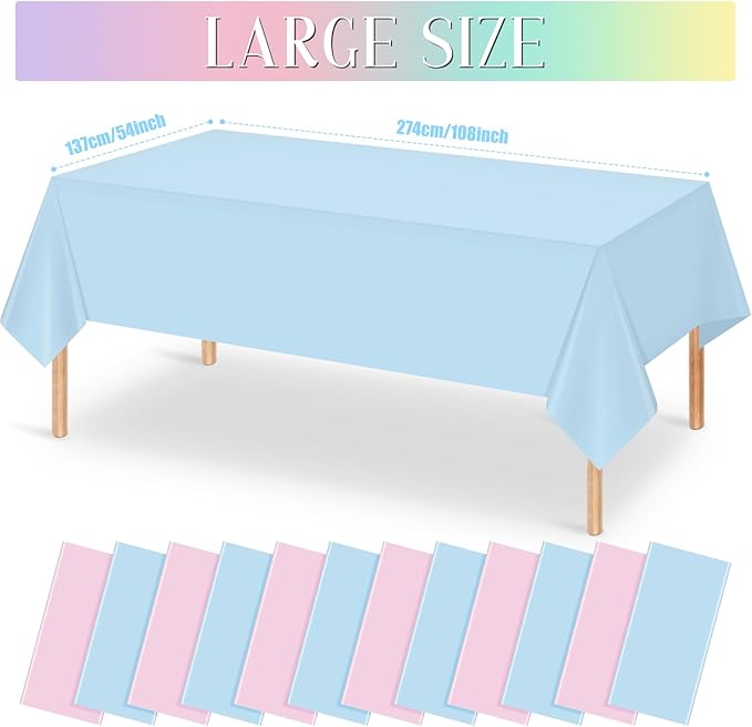 MASHAN 12Pack Gender Reveal Tablecloths, Disposable Plastic Pink and Blue Tablecloth, Rectangle Table Covers for Boy or Girl Baby Shower Party Decorations,54×108 Inch