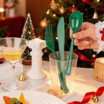 WDF 160 Pcs Green Plastic Silverware - Heavy Duty Christmas Silverware Includes 80Forks, 40Spoons, 40Knives, Green Plastic Utensils Perfect for Christmas Party or Daily Using