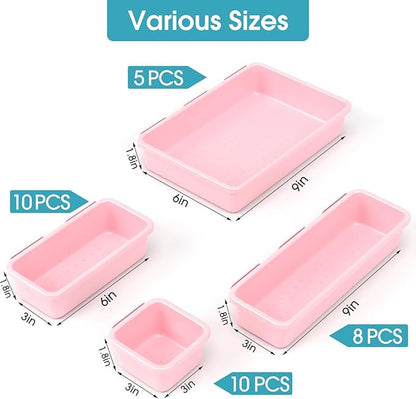 33 PCS Drawer Organizer Set, 4 Size Makeup Drawer Divider Organizer With Non-Slip Pads, Interlocking Plastic Storage Bins for Office,Jewelry Vanity,Gadgets, Bathroom,Kitchen, Pink