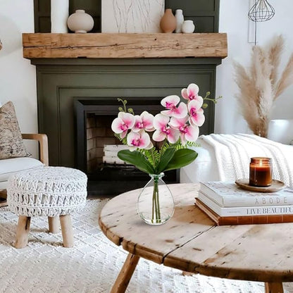 Oairse Pink Orchids Artificial Flowers, Faux Orchid in Glass Vase Real Touch Small Phalaenopsis Orchid Flowers Arrangements with Clear Vase Orchids Centerpiece for Dining Room Table