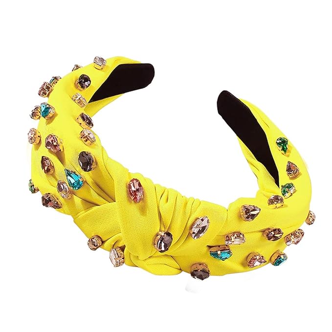JILIYUPA Carnival Headband Rhinestone Cross Knotted Turban Hair Hoop Carnival Crystal Twist Velvet Wide Hairband Party Hair Accessory (Yellow, light green)