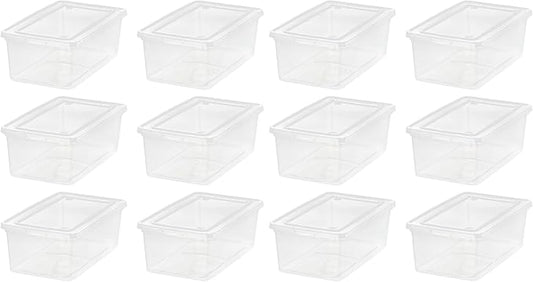 IRIS USA 12-Pack Storage Bins with Lids, 6 Quart - Crystal Clear, Shoe Boxes Stackable Containers Organize Shoes Closet Shelves, Teacher Tools Classroom Organization, Game - BPA-Free Plastic