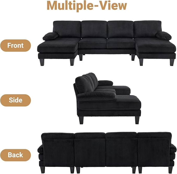VINGLI 110" Sectional Couches for Living Room,U Shaped Couch with Double Chaise, 4-Seat Sofa Set with Corduroy Fabric for Home Furniture,Black
