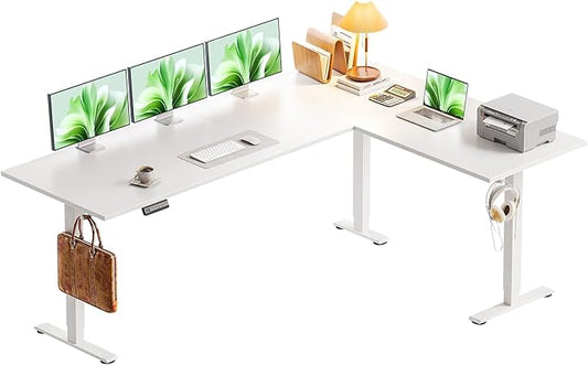 Casaottima 71 Inch Reversible Electric L Shaped Standing Desk, Height Adjustable Corner Stand up Desk, Ergonomic Large Lift Table for Home, Office, Workstation, Reception Room, White