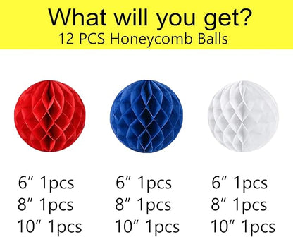 Capesaro 12pcs Red White and Blue Hanging Honeycomb for Patriotic 4th of July USA American Independence National Day Graduation Birthday Baseball Party Decorations(6" 8" 10" Blue Orange Set)
