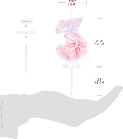 3 Birthday Candle with Pink Sequins and Bowtie, Pink 3 Cake Topper Decoration for Girls Pastel Sweet Theme Birthday Party or Adults Milestone Age