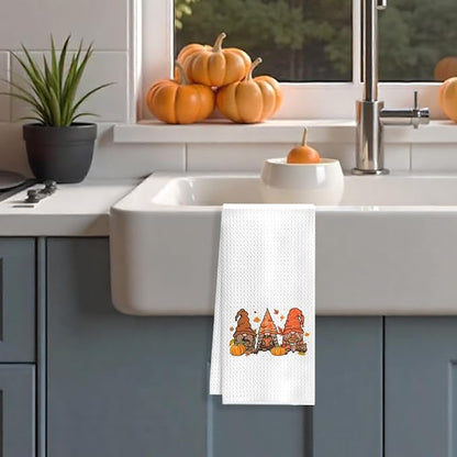 Fall Gnome Kitchen Towels, Autumn Pumpkin Gnome Dish Tea Towels for Kitchen Decor, Rustic Farmhouse Fall Thanksgiving Decorative Hand Towel for Bathroom, 16x24 Inches