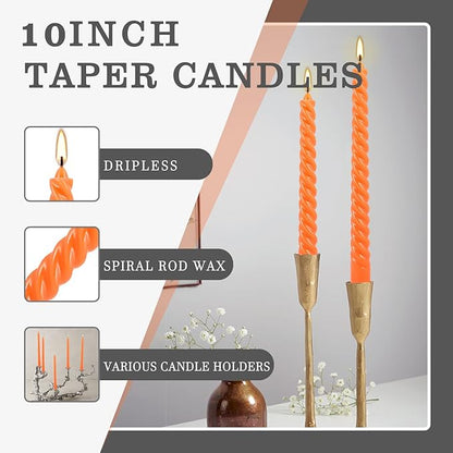 12Pack 10 Inch Orange Spiral Taper Candles，Unscented and Long Burning Dripless Twisted Candlesticks for Home Fall Decor,Halloween,Wedding, Birthday, Christmas