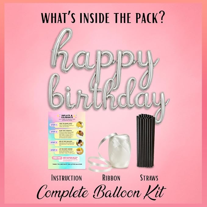 Silver Happy Birthday Balloons Banner | Script/Cursive Gold Letter Balloon Sign For Birthday Party Decor/Decoration | Foil Mylar Happy Birthday Banner
